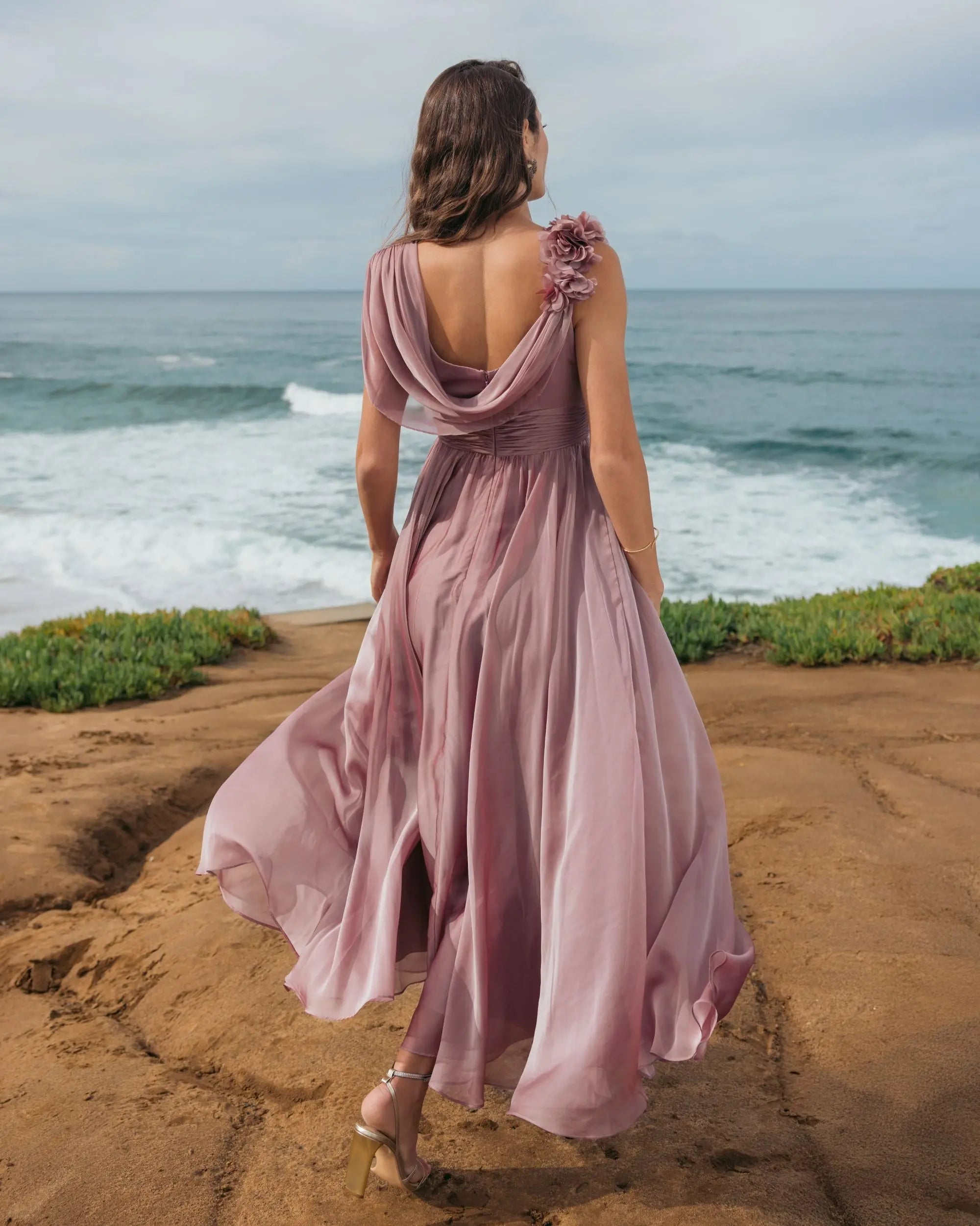 Mac Duggal #68967 antique rose chiffon cowl neck dress with 3d flowers