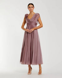 Mac Duggal #68967 antique rose chiffon cowl neck dress with 3d flowers