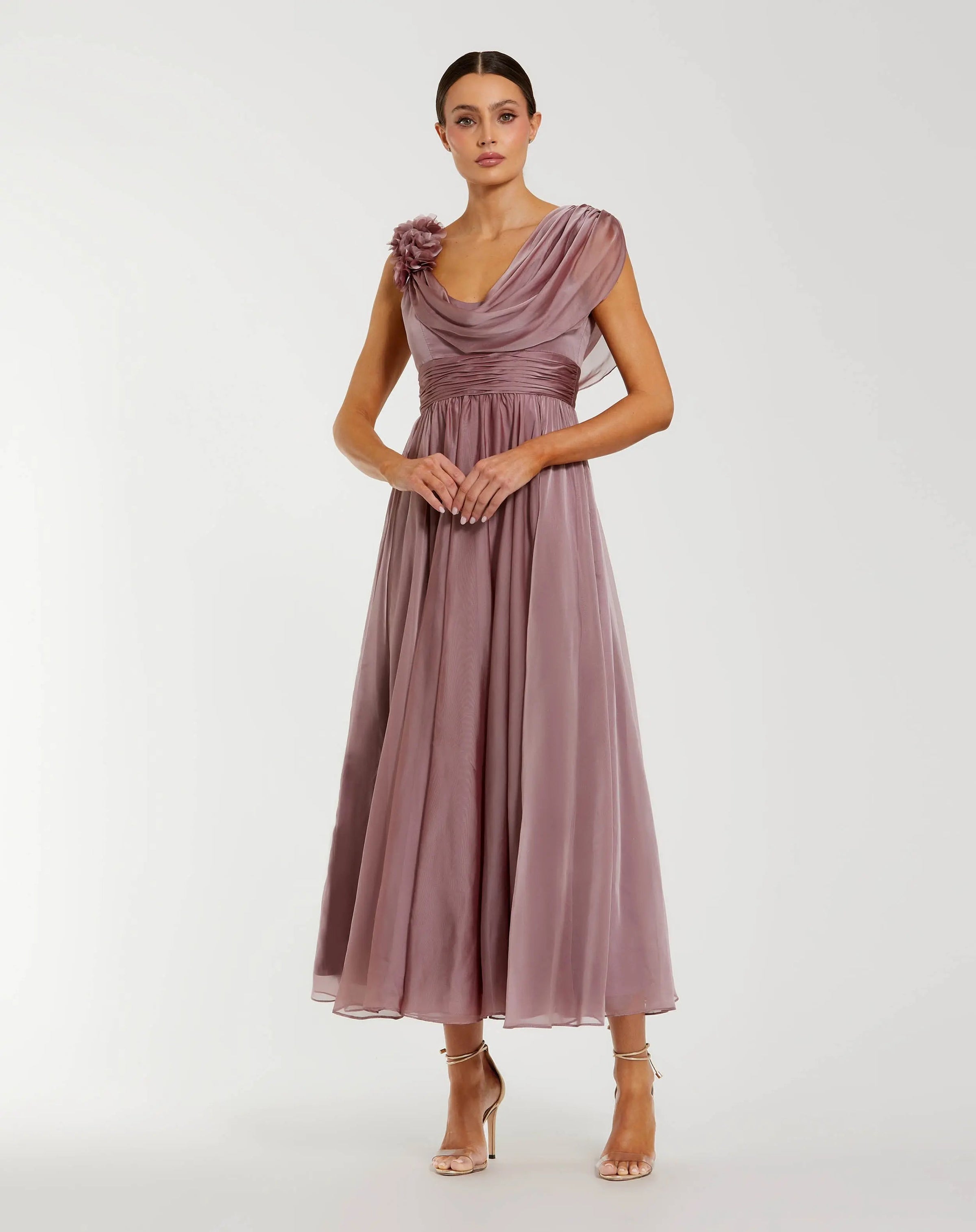 Mac Duggal #68967 antique rose chiffon cowl neck dress with 3d flowers