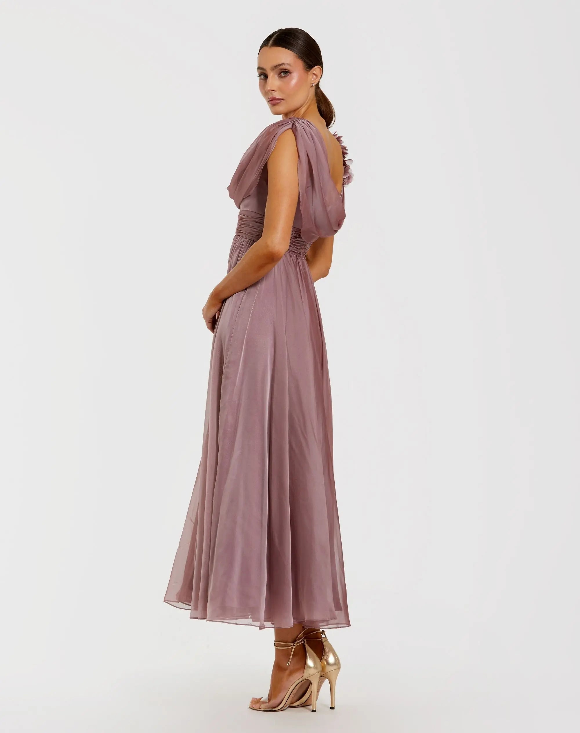 Mac Duggal #68967 antique rose chiffon cowl neck dress with 3d flowers