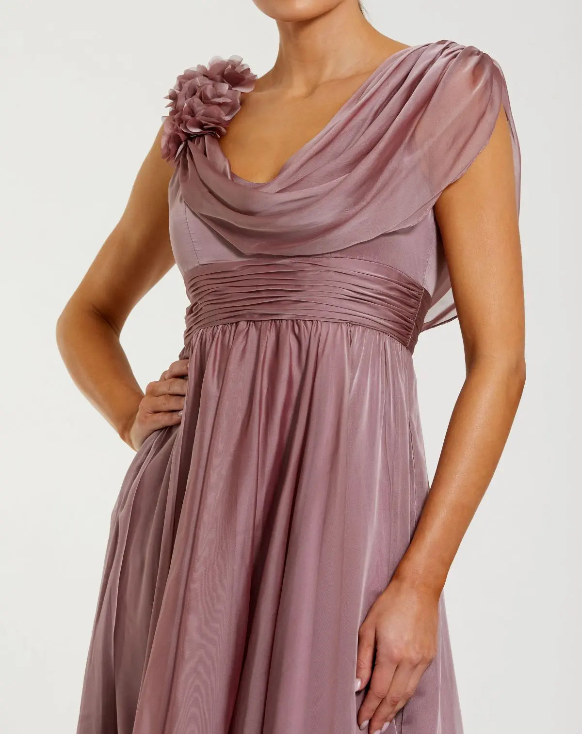 Mac Duggal #68967 antique rose chiffon cowl neck dress with 3d flowers