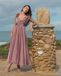 Mac Duggal #68967 antique rose chiffon cowl neck dress with 3d flowers