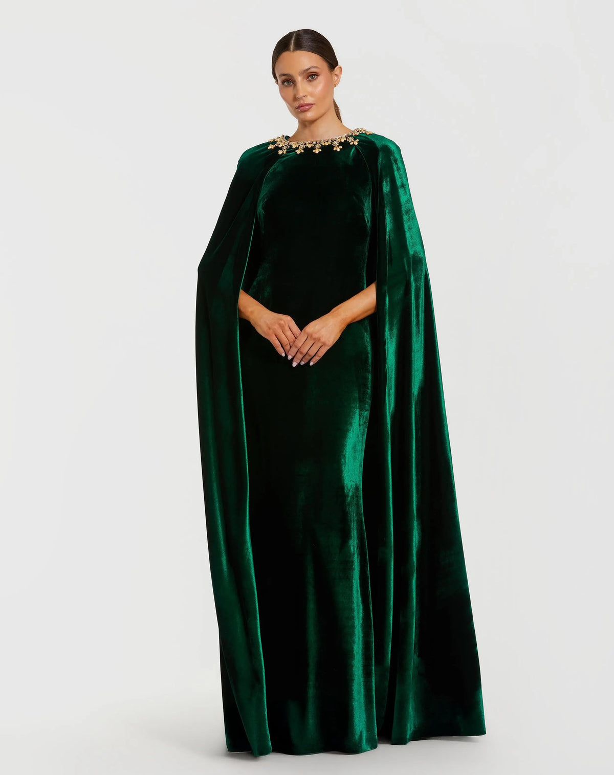 Mac Duggal 68977 Deep Green velvet cape gown with embellished neckline - Front