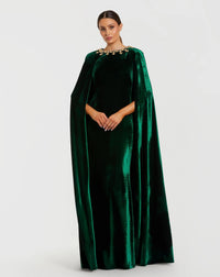 Mac Duggal 68977 Deep Green velvet cape gown with embellished neckline - Front