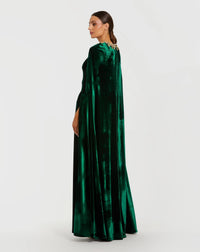 Mac Duggal 68977 Deep Green velvet cape gown with embellished neckline - Back view