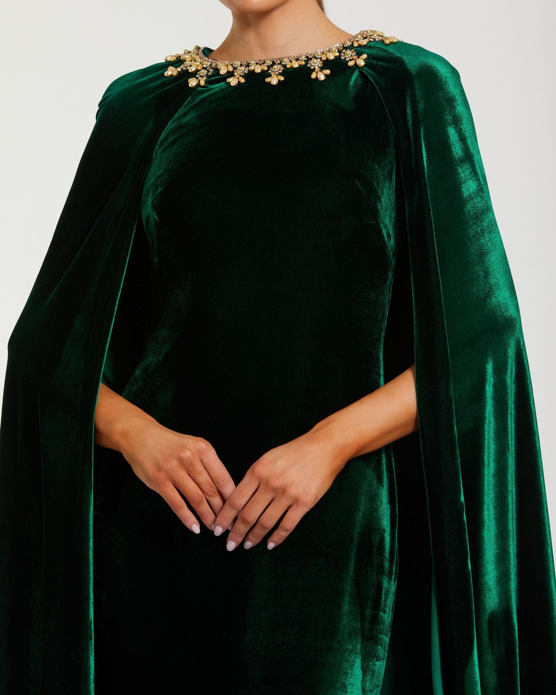 Mac Duggal 68977 Deep Green velvet cape gown with embellished neckline - Close up detail