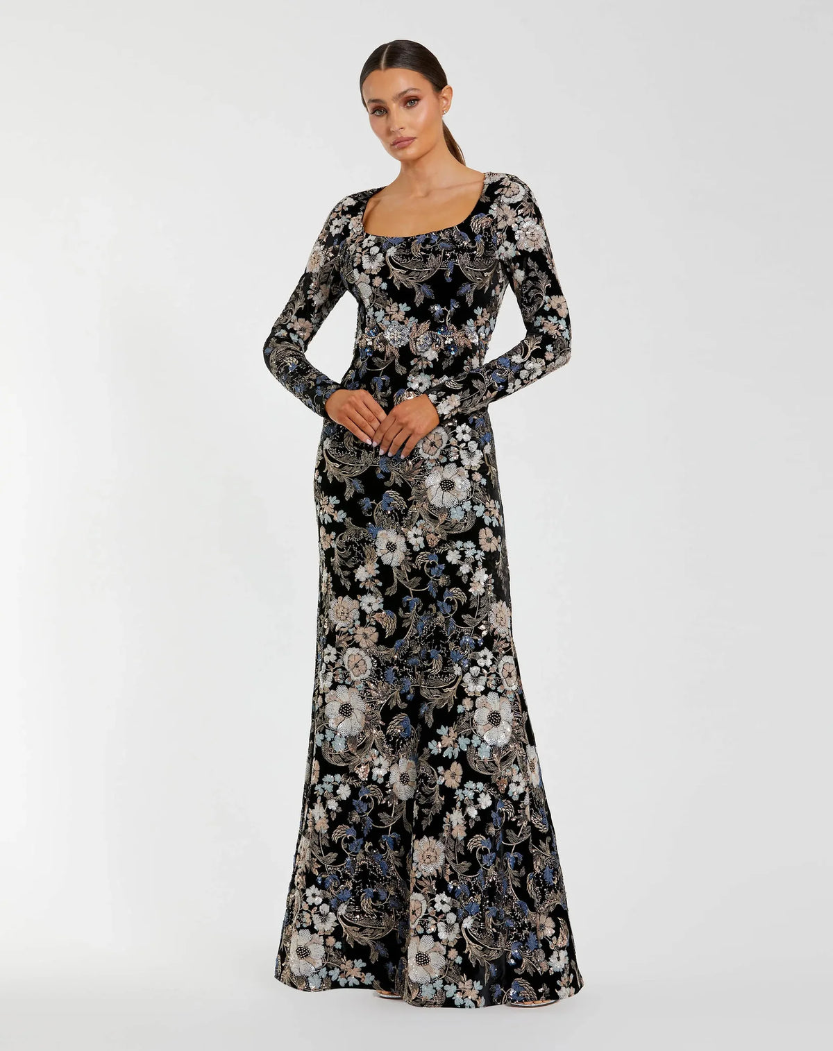 Mac Duggal Black Multicolor Embroidered Velvet Evening Gown with Long Sleeves #68978 - Black