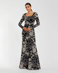 Mac Duggal Black Multicolor Embroidered Velvet Evening Gown with Long Sleeves #68978 - Black