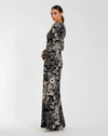 Embroidered Velvet Evening Gown with Long Sleeves - Black
