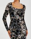 Embroidered Velvet Evening Gown with Long Sleeves - Black