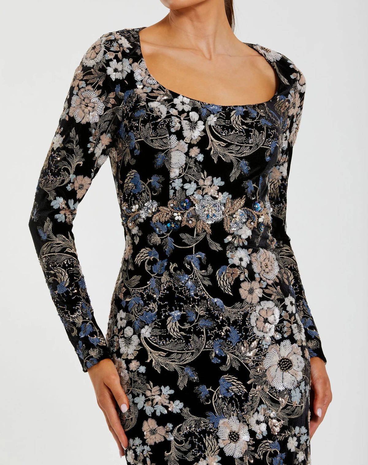 Embroidered Velvet Evening Gown with Long Sleeves - Black