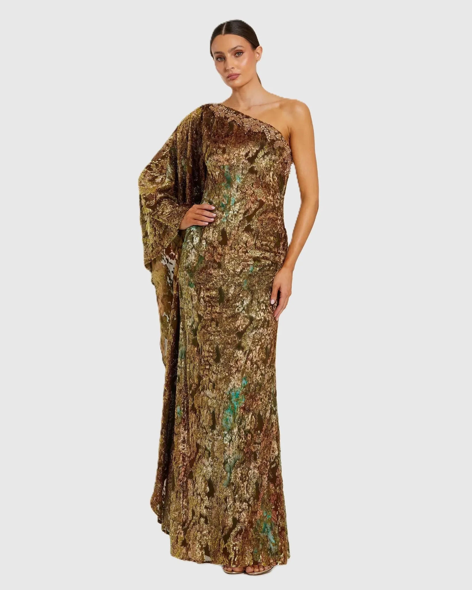 One Shoulder Metallic Burnout Velvet Evening Gown - Gold