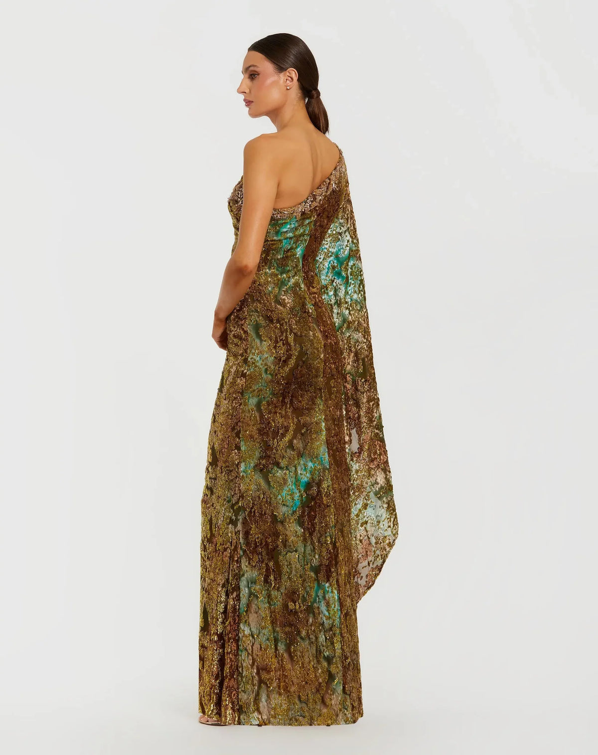 Gold one shoulder metallic burnout velvet gown
