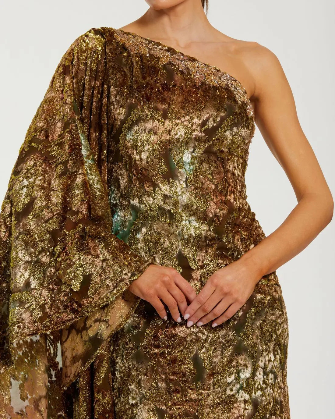 One Shoulder Metallic Burnout Velvet Evening Gown - Gold