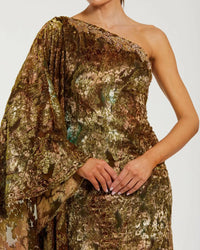 One Shoulder Metallic Burnout Velvet Evening Gown - Gold