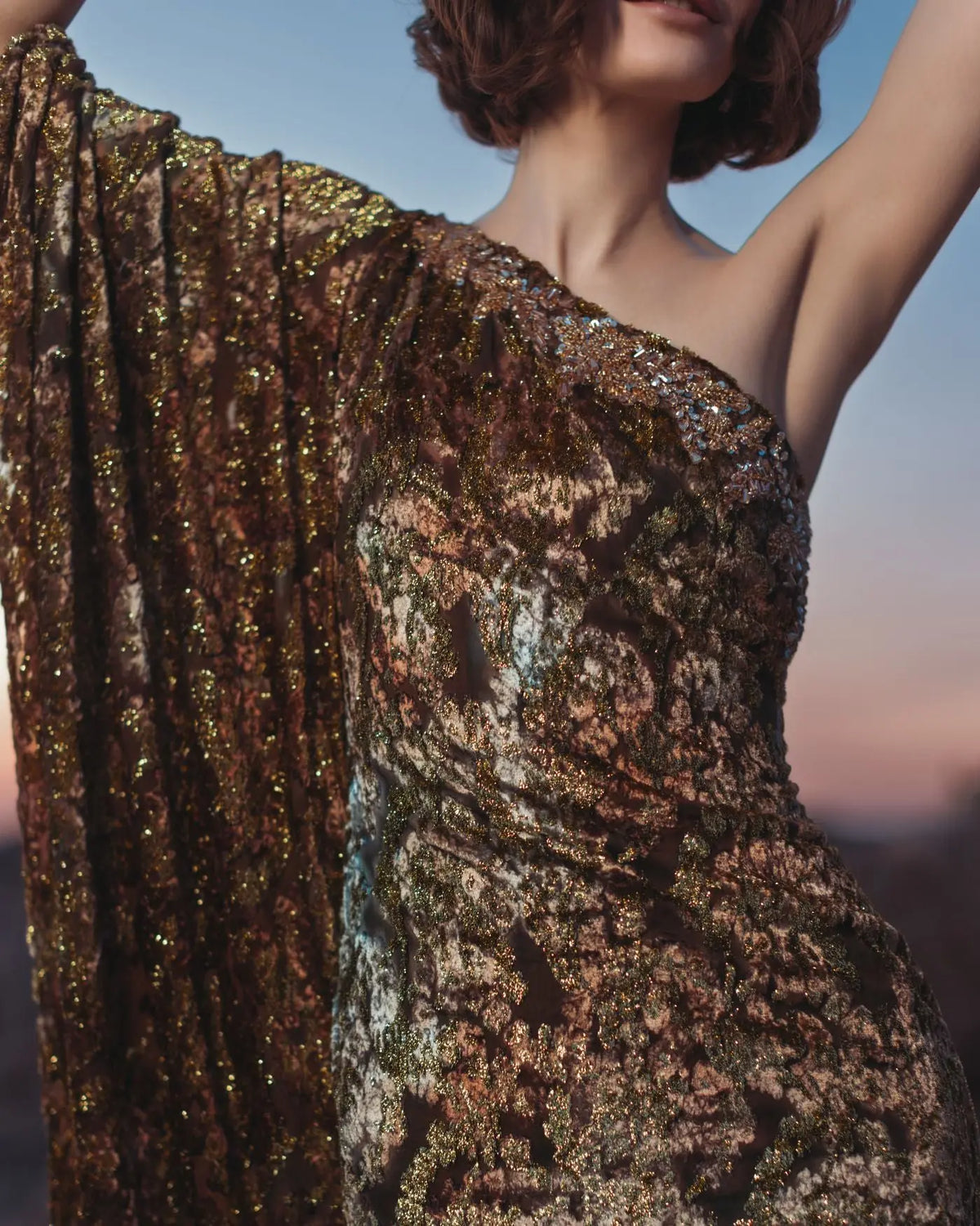 Gold one shoulder metallic burnout velvet gown