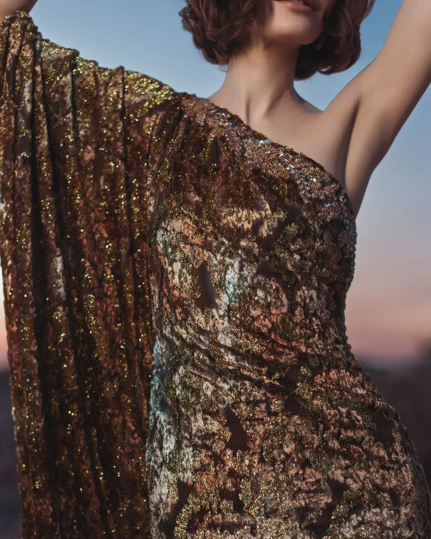 One Shoulder Metallic Burnout Velvet Evening Gown - Gold