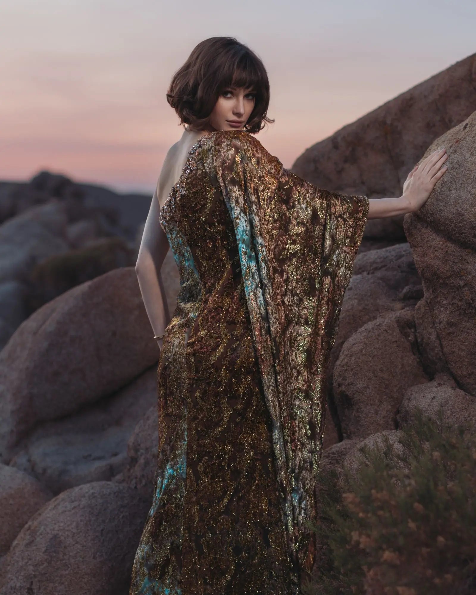 One Shoulder Metallic Burnout Velvet Evening Gown - Gold