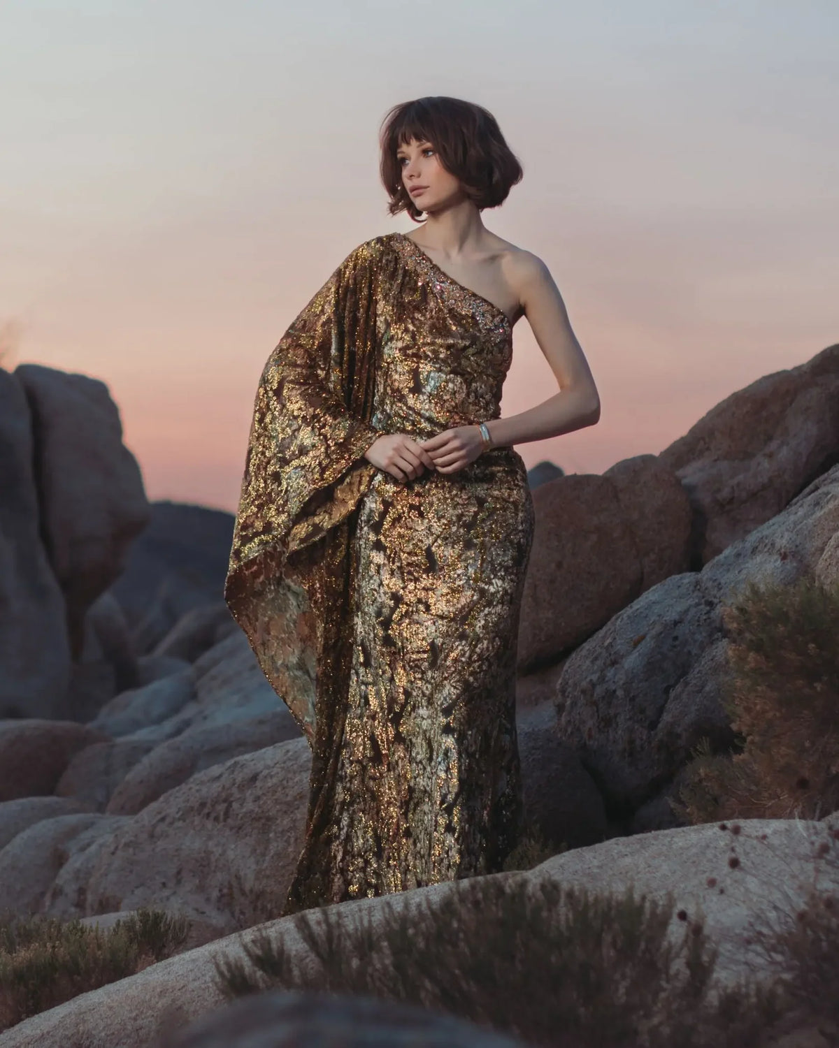 Gold one shoulder metallic burnout velvet gown