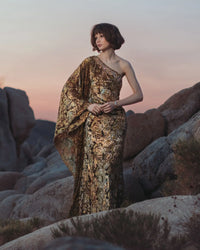One Shoulder Metallic Burnout Velvet Evening Gown - Gold