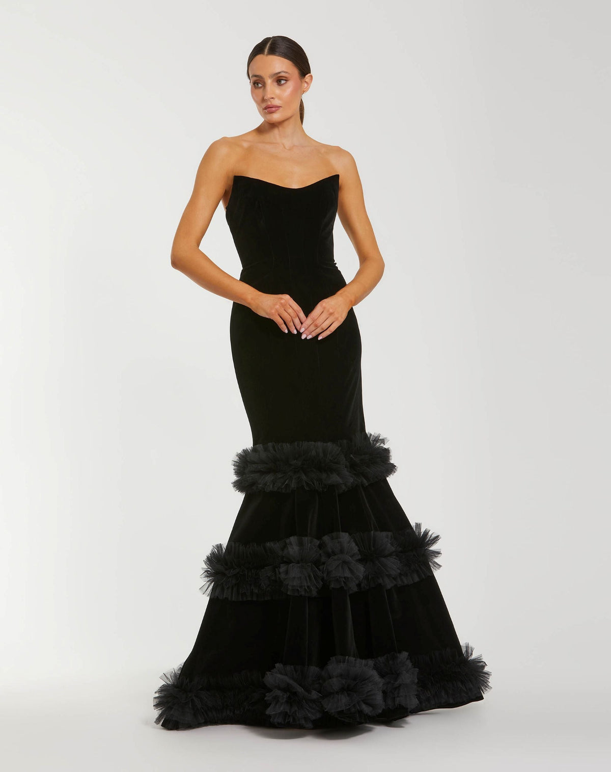 Mac Duggal #68982 black strapless velvet mermaid gown with tiered ruffles