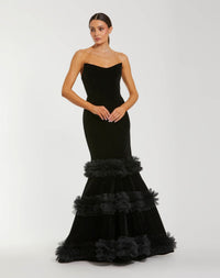 Mac Duggal #68982 black strapless velvet mermaid gown with tiered ruffles