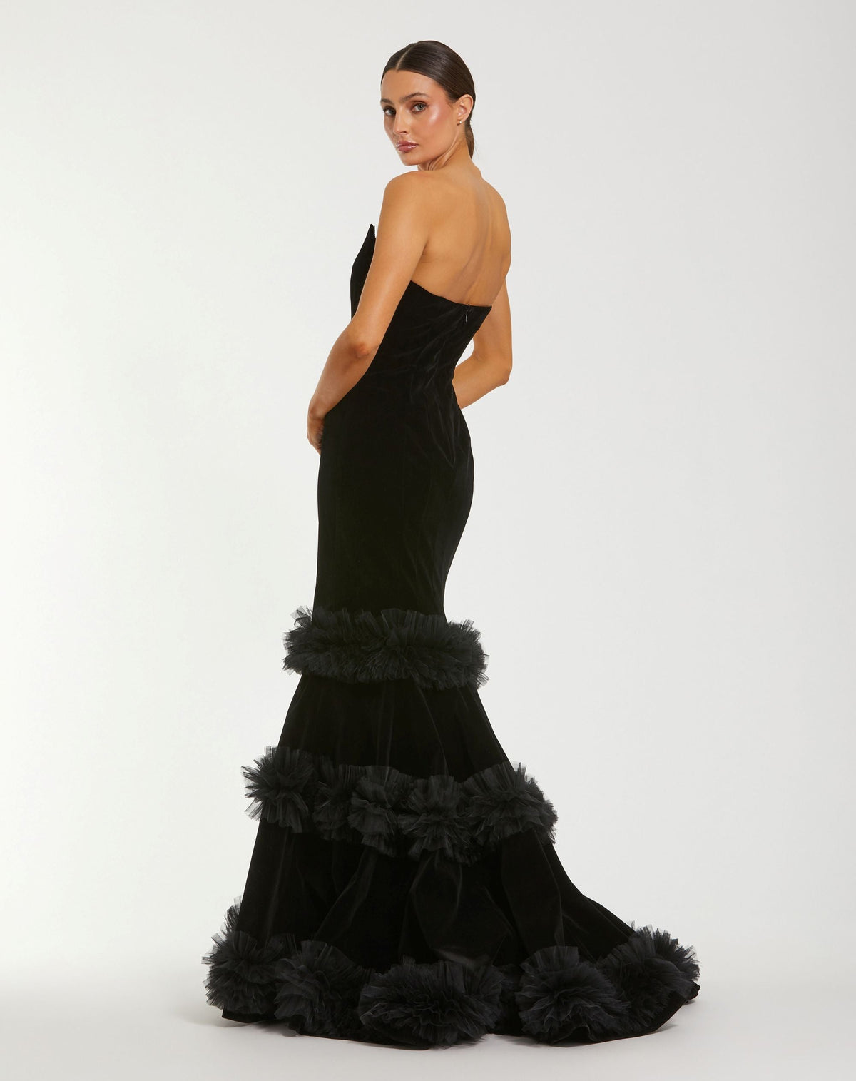 Mac Duggal #68982 black strapless velvet mermaid gown with tiered ruffles back view