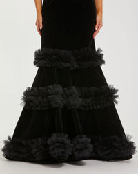Mac Duggal #68982 black strapless velvet mermaid gown with tiered ruffles close-up