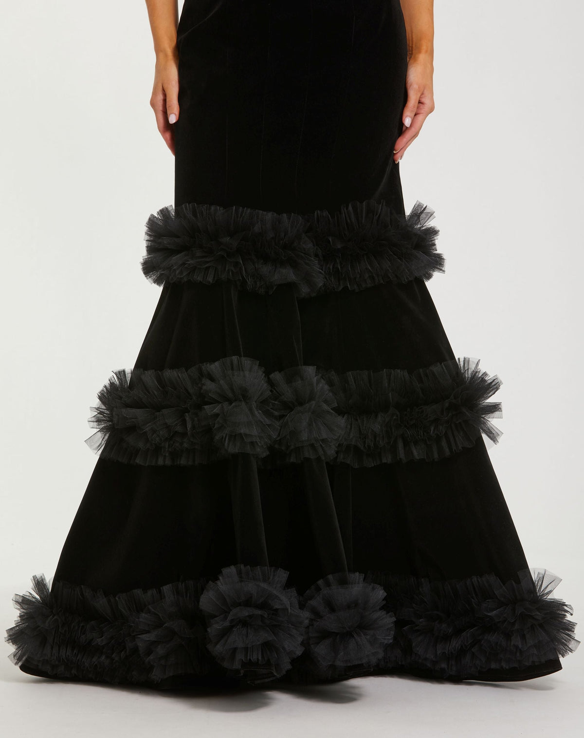 Mac Duggal #68982 black strapless velvet mermaid gown with tiered ruffles close-up