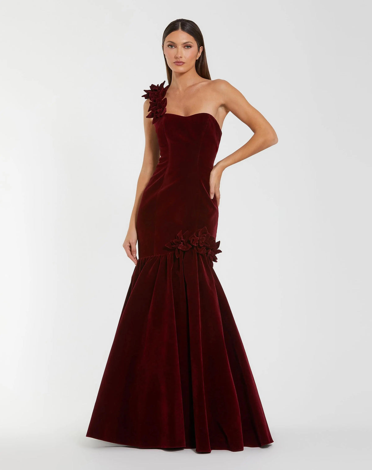 Mac Duggal #68983 amethyst red velvet one shoulder trumpet gown with flowers
