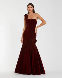 Mac Duggal #68983 amethyst red velvet one shoulder trumpet gown with flowers