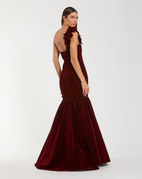 Mac Duggal #68983 amethyst red velvet one shoulder trumpet gown with flowers