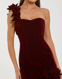 Mac Duggal #68983 amethyst red velvet one shoulder trumpet gown with flowers