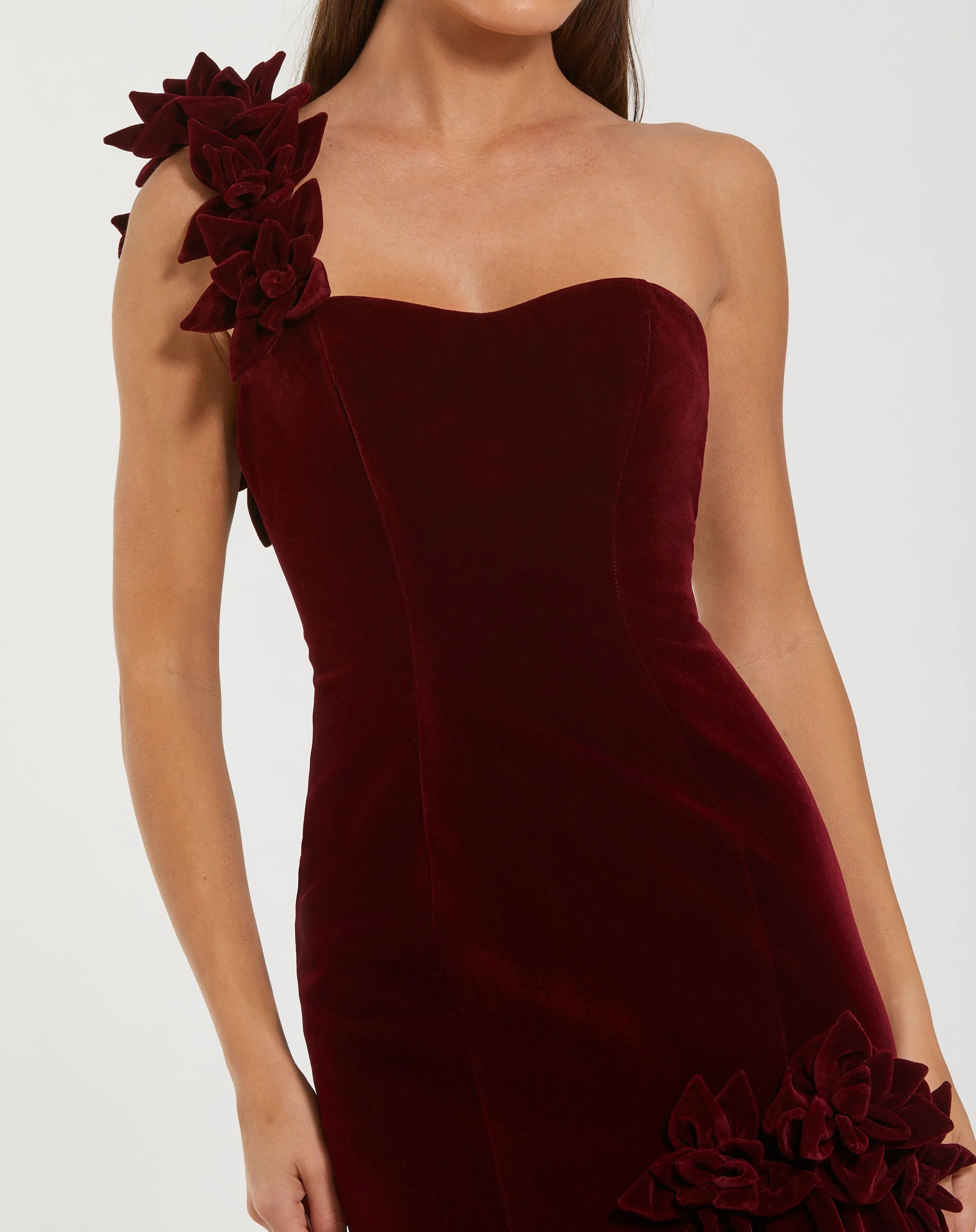 Mac Duggal #68983 amethyst red velvet one shoulder trumpet gown with flowers