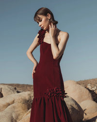 Mac Duggal #68983 amethyst red velvet one shoulder trumpet gown with flowers
