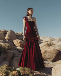 Mac Duggal #68983 amethyst red velvet one shoulder trumpet gown with flowers