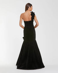 Mac Duggal Dark Velvet One Shoulder Trumpet Gown With Flowers #68983 Amethyst Black
