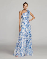 Mac Duggal Blue Ruched Floral Chiffon Gown With 3D Ruffles #68992 Blue Multi Summer Dress