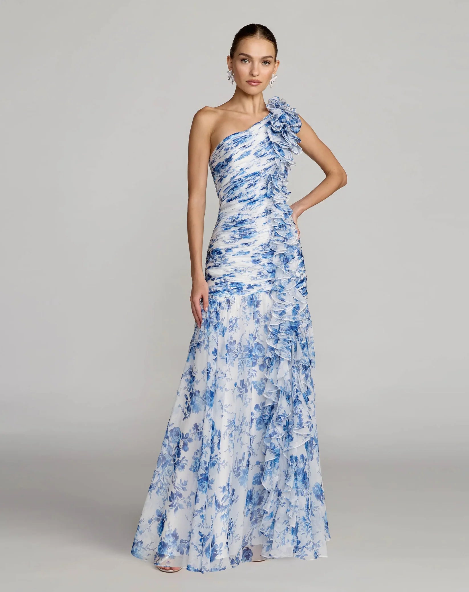 Mac Duggal Blue Ruched Floral Chiffon Gown With 3D Ruffles #68992 Blue Multi Summer Dress