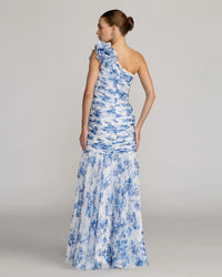 Mac Duggal Blue Ruched Floral Chiffon Gown With 3D Ruffles #68992 Blue Multi Summer Dress