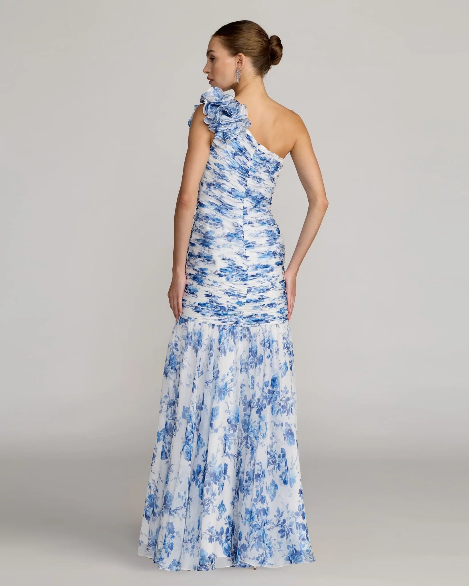 Mac Duggal Blue Ruched Floral Chiffon Gown With 3D Ruffles #68992 Blue Multi Summer Dress