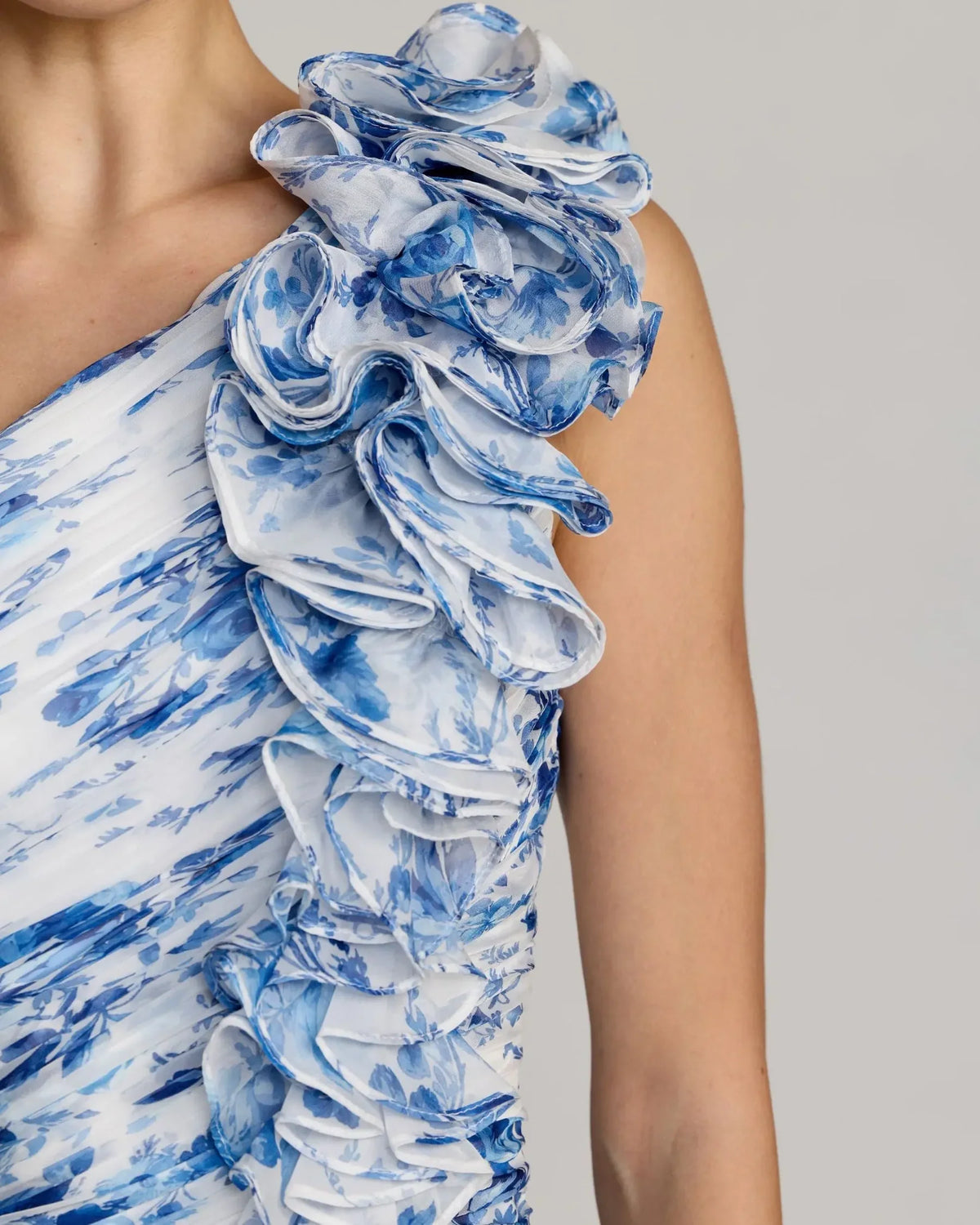 Mac Duggal Blue Ruched Floral Chiffon Gown With 3D Ruffles #68992 Blue Multi Summer Dress