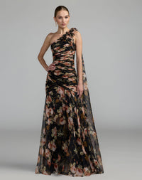 Mac Duggal 68993 black multi one shoulder floral printed chiffon gown — front