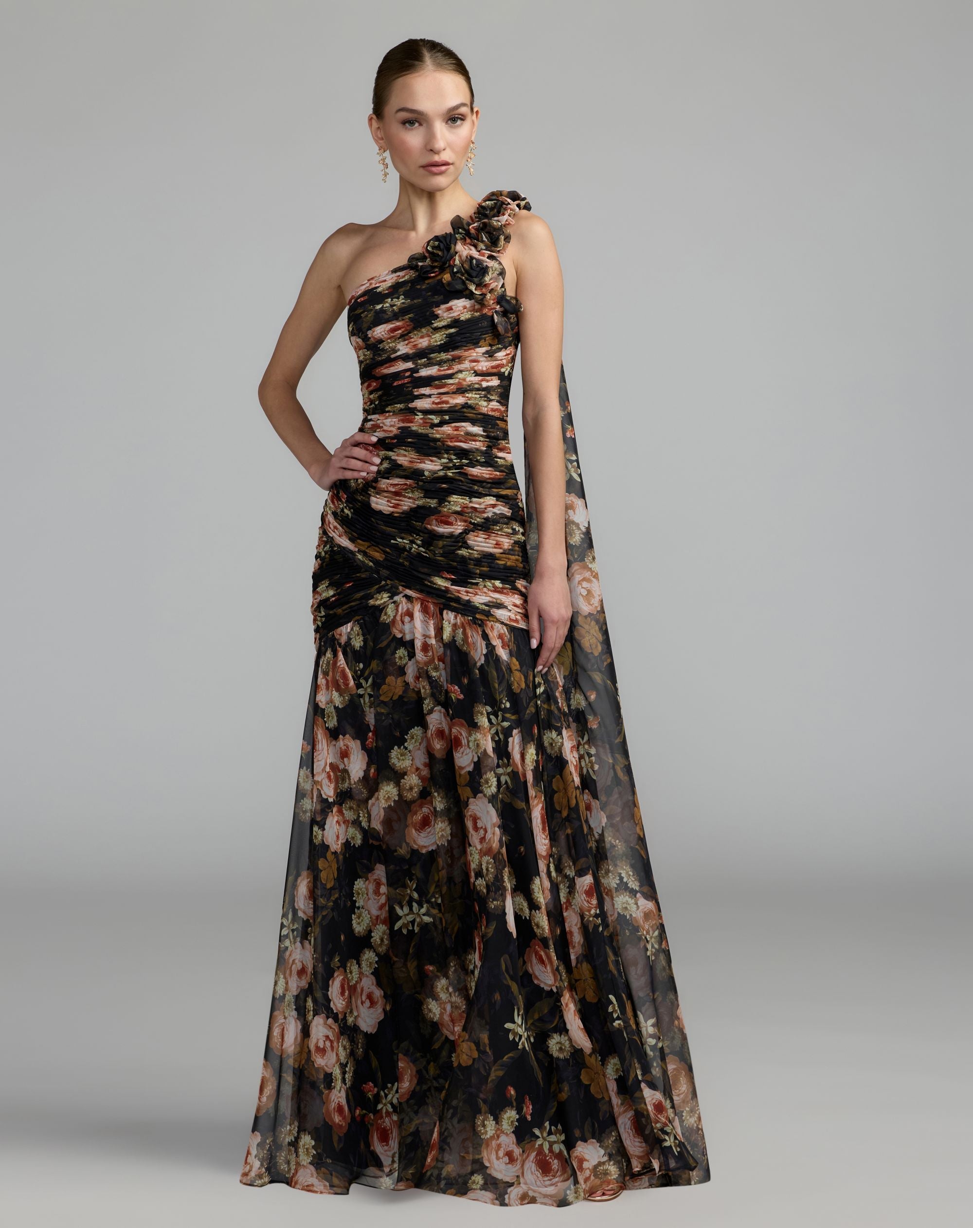 Mac Duggal 68993 black multi one shoulder floral printed chiffon gown — front
