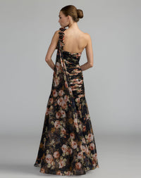 Black One Shoulder Floral Printed Chiffon Gown