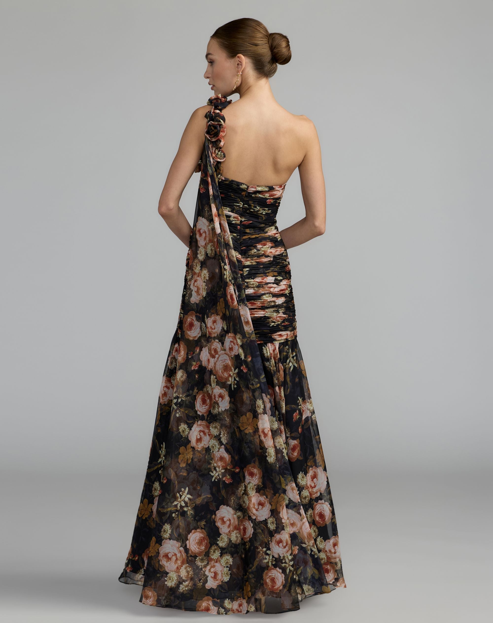 Black One Shoulder Floral Printed Chiffon Gown