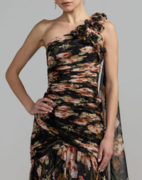 Black One Shoulder Floral Printed Chiffon Gown
