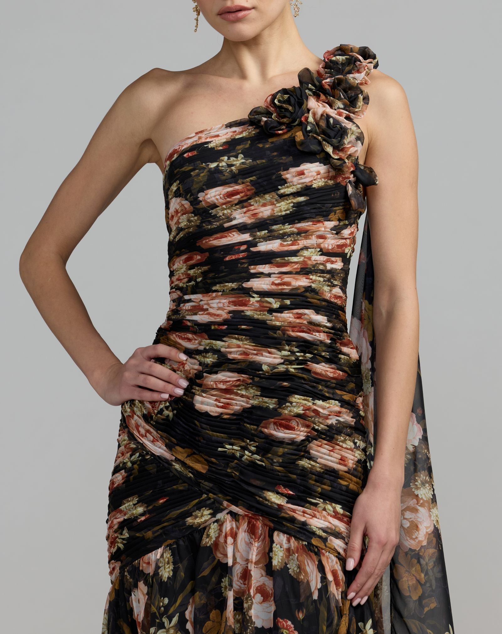 Black One Shoulder Floral Printed Chiffon Gown