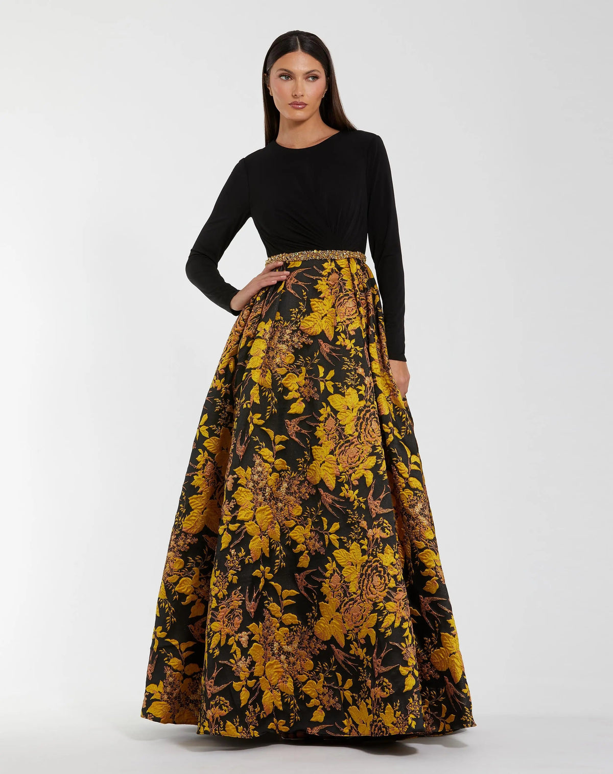 Mac Duggal 69000 Black Gold long sleeve floral brocade ball gown - Front