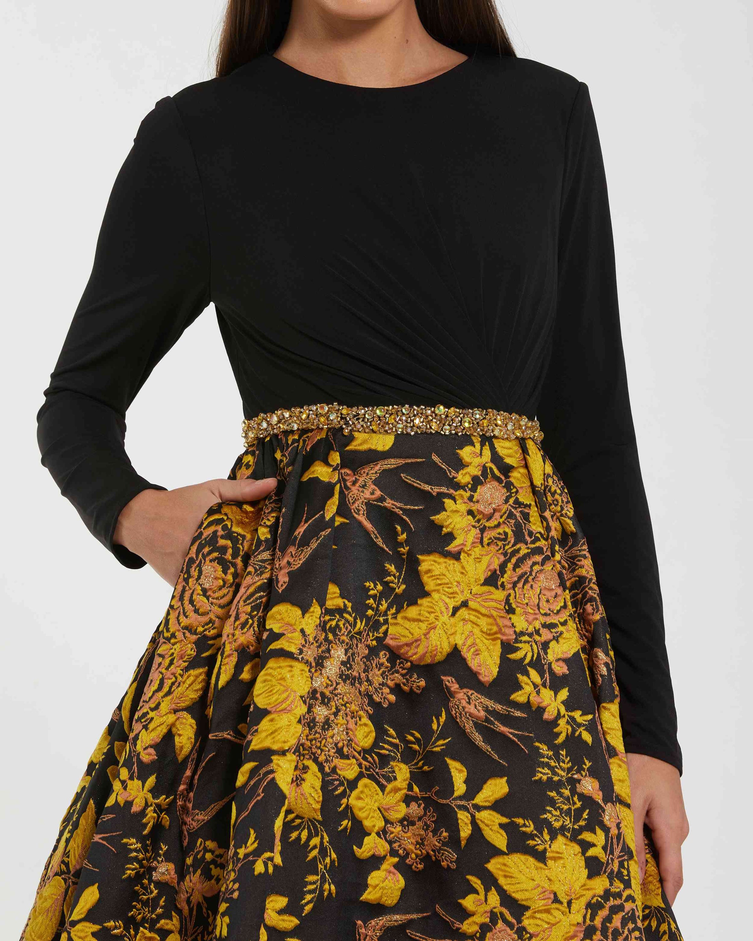 Mac Duggal 69000 Black Gold long sleeve floral brocade ball gown - Close up detail